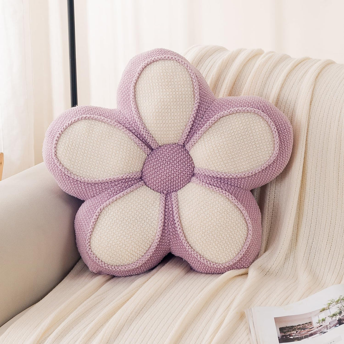 HOKIPO Daisy Petal Flower Cushion for Sofa & Bed, 47 cm, Purple