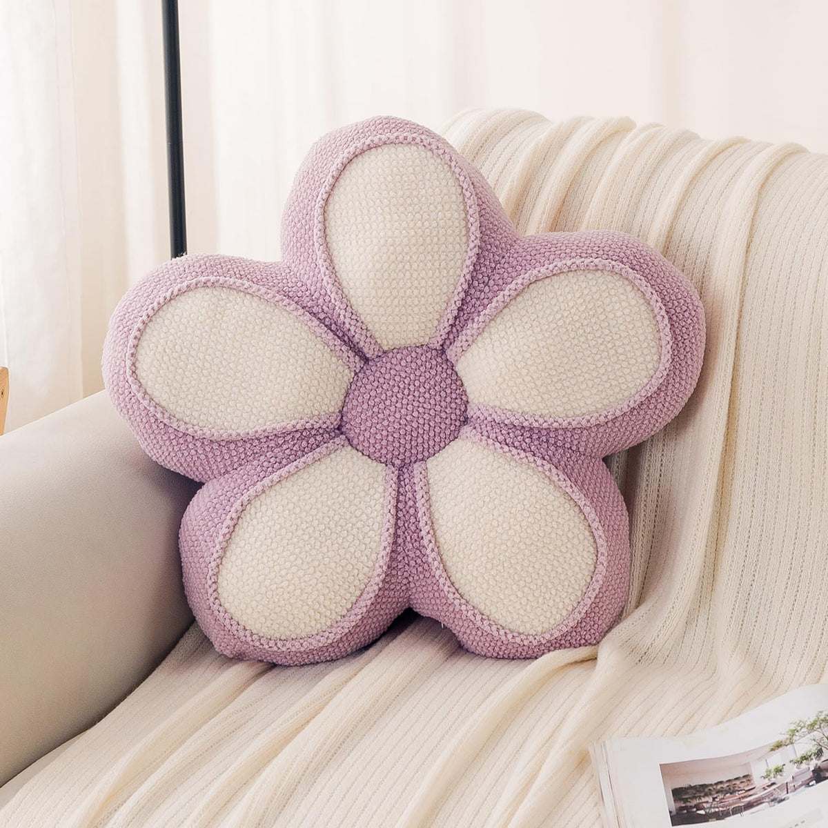 HOKIPO Daisy Petal Flower Cushion for Sofa & Bed, 47 cm, Purple