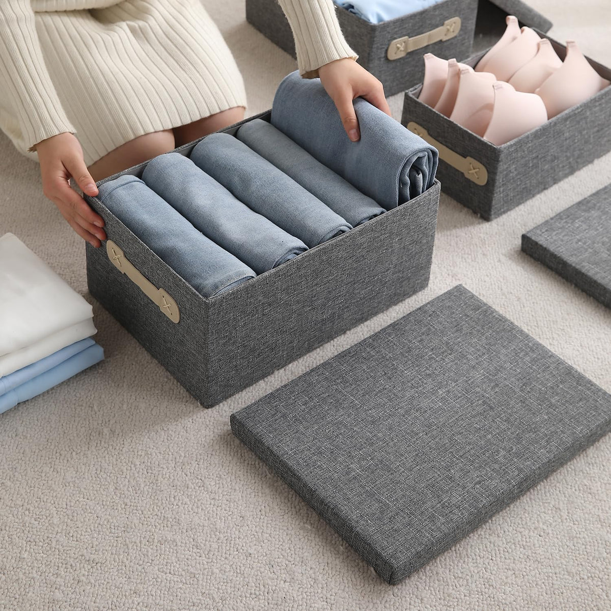 Organisers Storage Box with Lid, Grey, Pack of 2