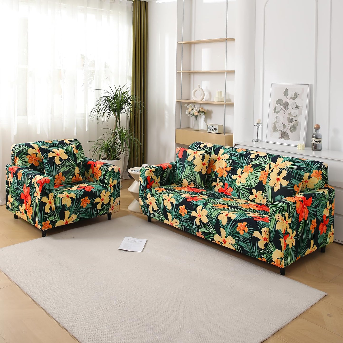 HOKIPO Stretchable Pack of 2 Cushion Cover 16x16, Spring Green Hibiscus