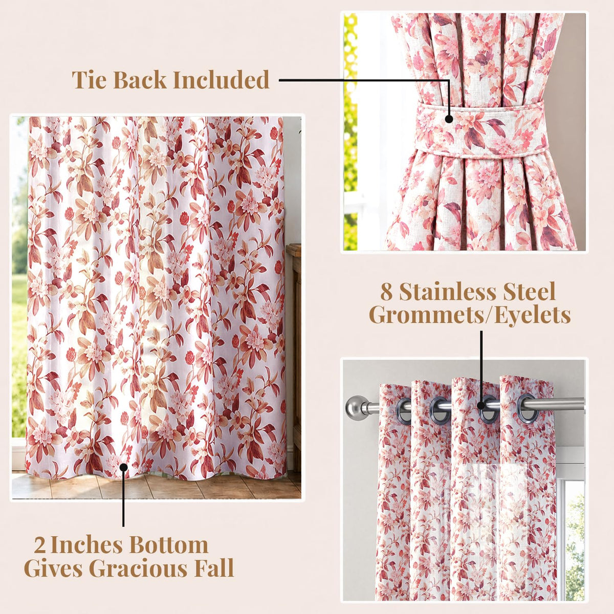 HOKIPO Petal Mist Sheer Eyelet Curtains, 7 Feet Long - Rose Blossoms - image 4