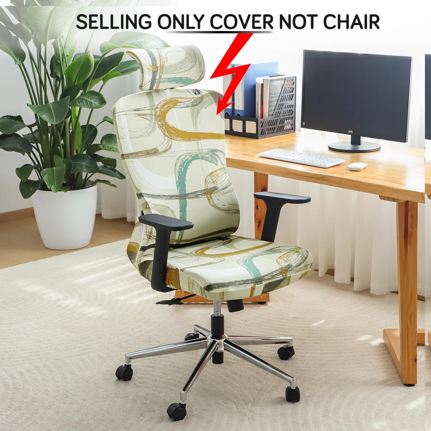 Office Chair Cover with Headrest and Elastic Chair Covers, Parchement Beige Abstract Art