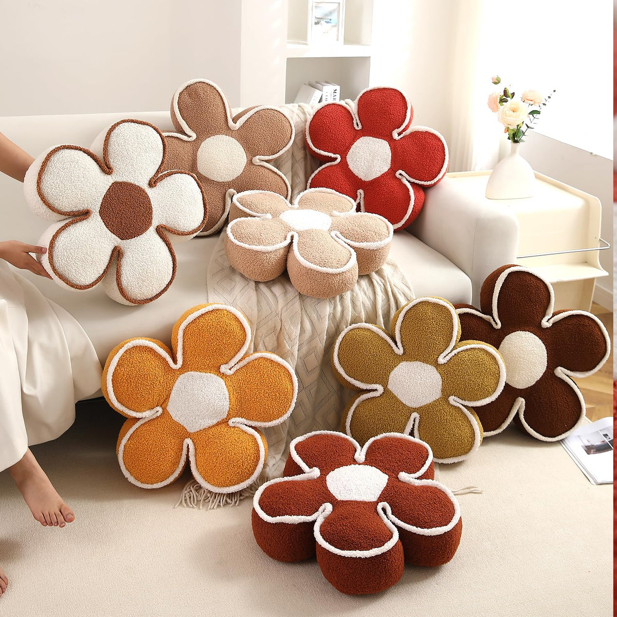 HOKIPO Plush Cotton Flower Cushion | Decorative Throw Pillow for Bed & Sofa - Beige