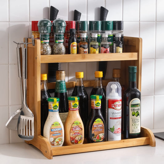 Bamboo 2 Tier Spice Rack Organizer For Kitchen Platform Countertop, Tabletop, Hanging Rack Storage Shelf Stand, Tiered Shelf