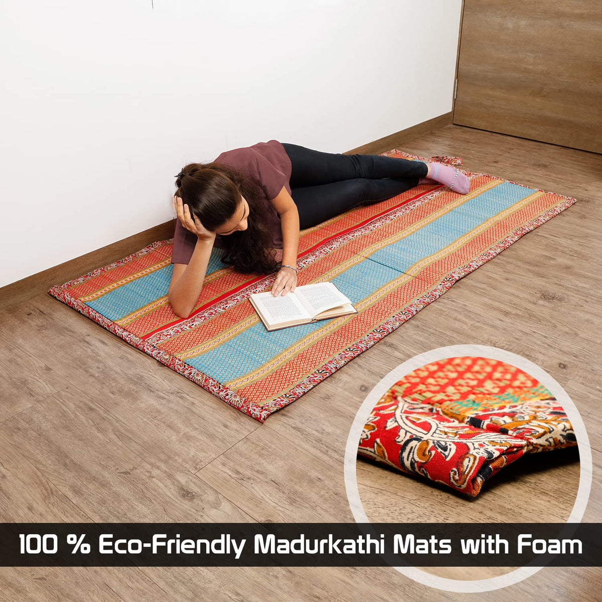 Comfortable Madurkathi chatai mat with foam, eco-friendly handcrafted design for reading and relaxation.