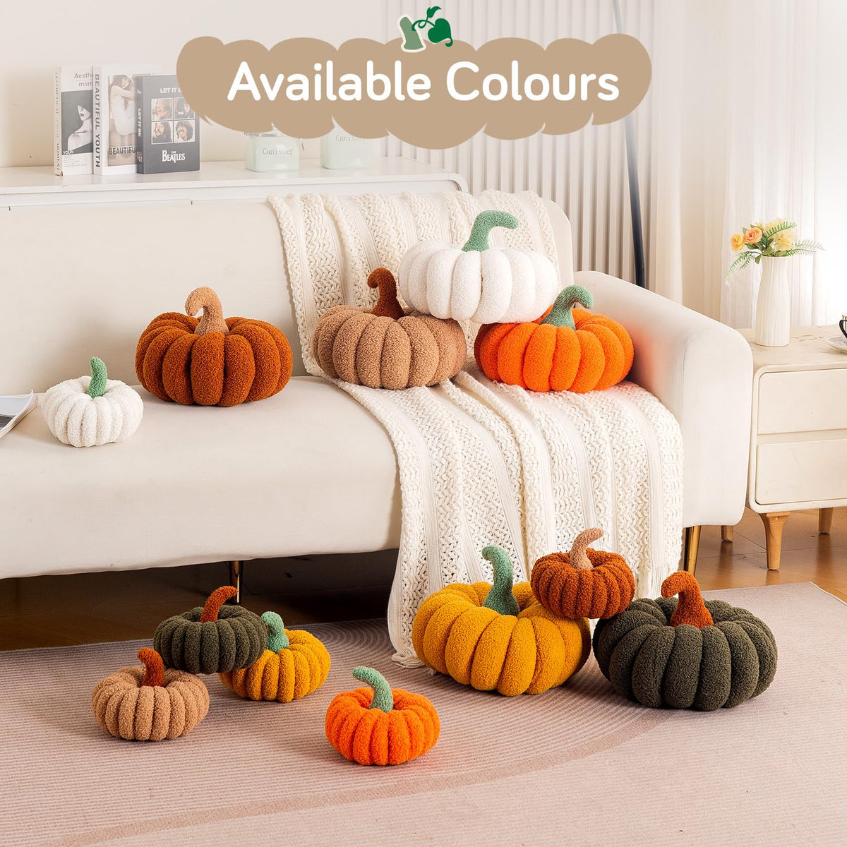HOKIPO Pumpkin Shaped Throw Pillow for Fall & Party Decor, 20 cm, White