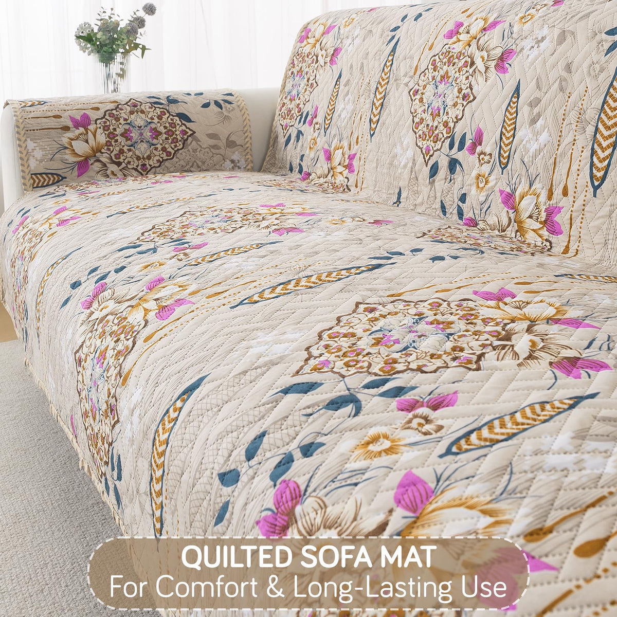 Easy Drape Reversible Quilted 5-Seater Sofa Cover (3+1+1), Garden Classic