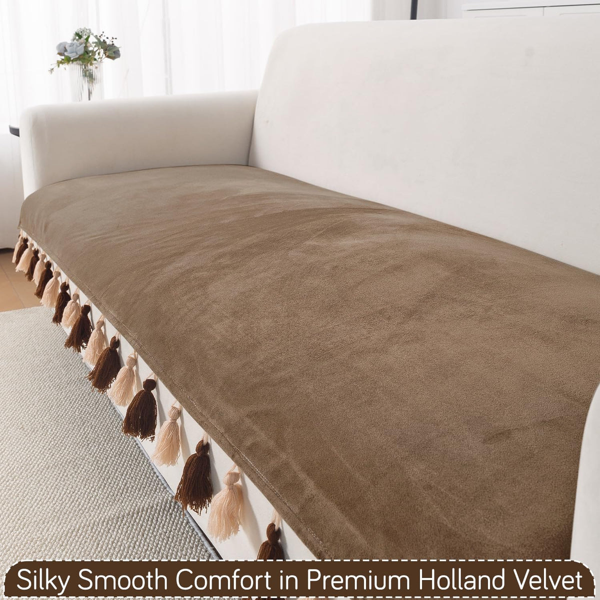 Premium Holland Velvet 5-Seater Sofa Cover (3+1+1), TasselTone Series | Warm Taupe