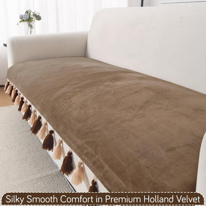 Premium Holland Velvet 5-Seater Sofa Cover (3+1+1), TasselTone Series | Warm Taupe