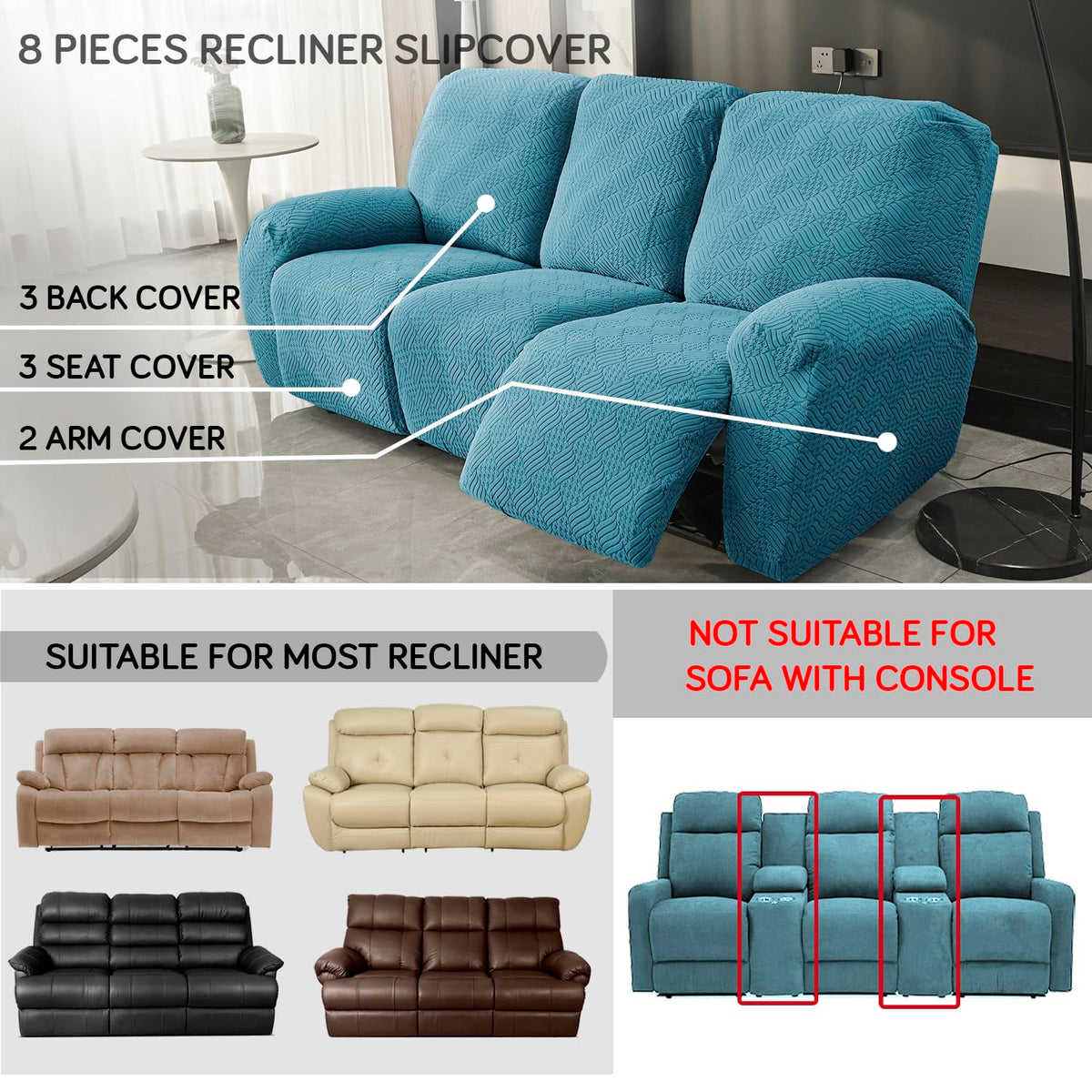 Buy Turquoise Colour Recliner sofa cover set with 2 armrest cover, 3 backrest & 3 seat covers for snug secure fit