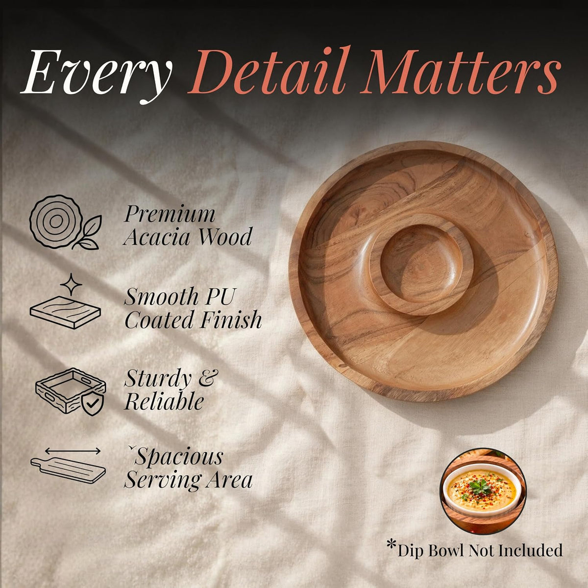 HOKIPO Arbor Acacia Wood Chip and Dip Platter, Round Dimsum Plate, 25 cm - image 3