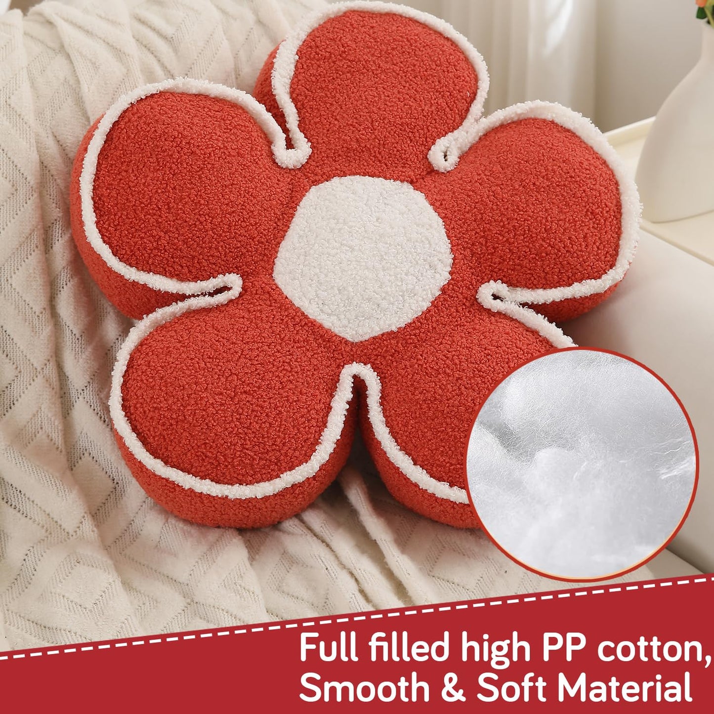 HOKIPO Plush Cotton Flower Cushion | Decorative Throw Pillow for Bed & Sofa - Orange