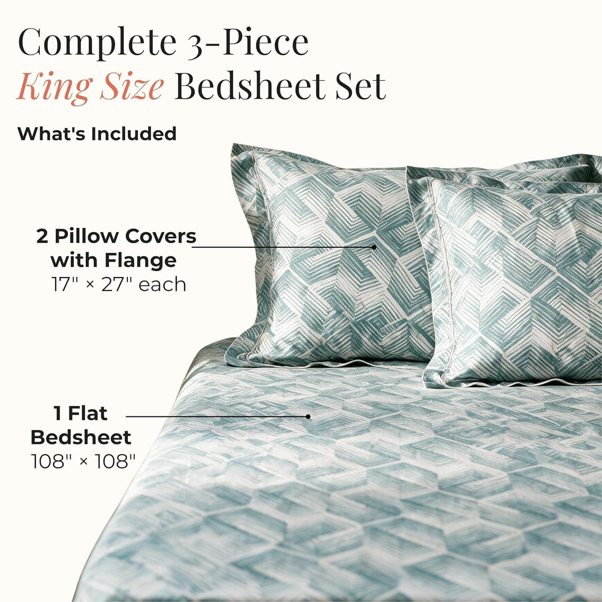 HOKIPO Geometric 210 TC Cotton Sateen Flat Bedsheet, King Size, Teal Eggshell - image 5