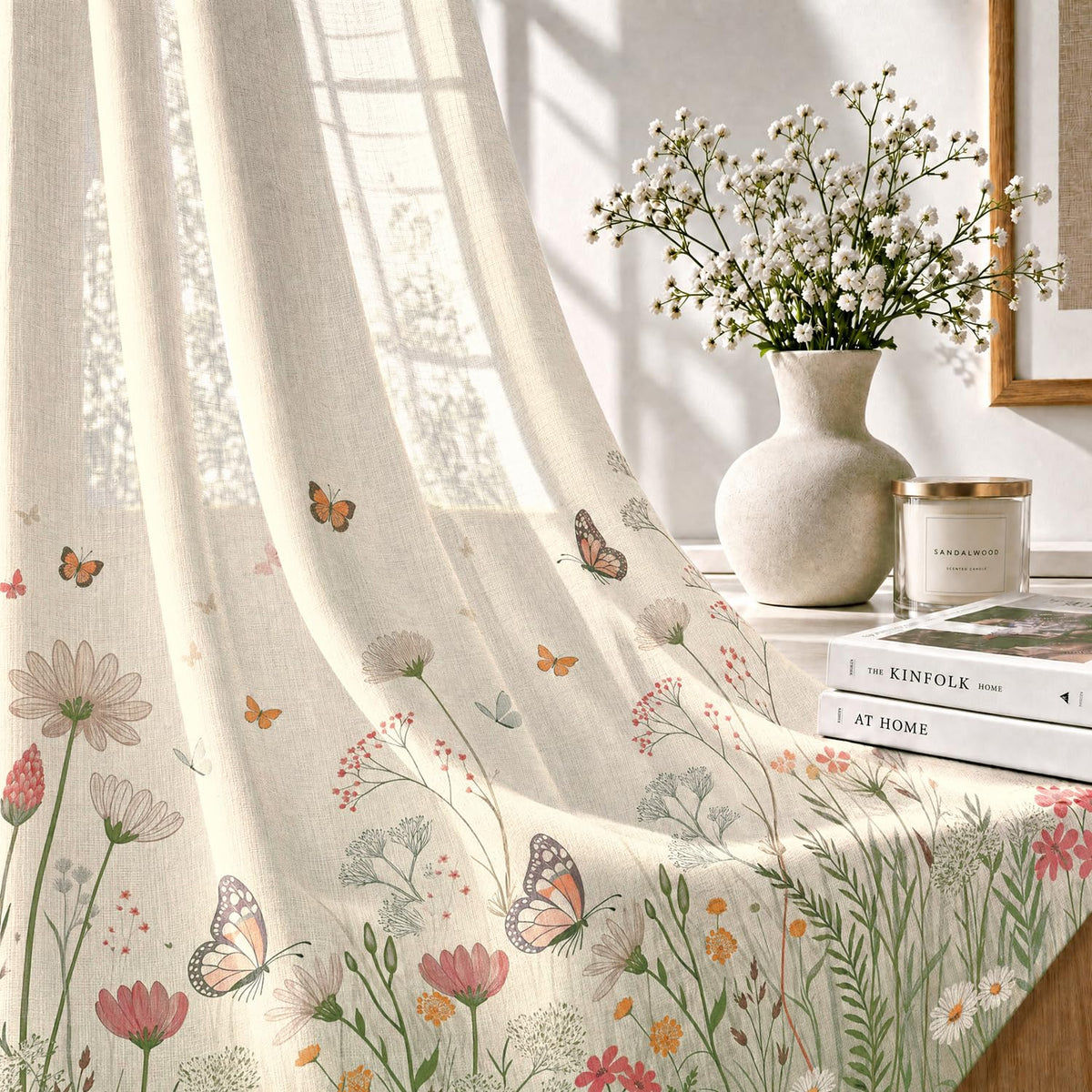 HOKIPO Meadow Bloom Sheer Curtains, 7 Feet Long - Butterfly Meadow