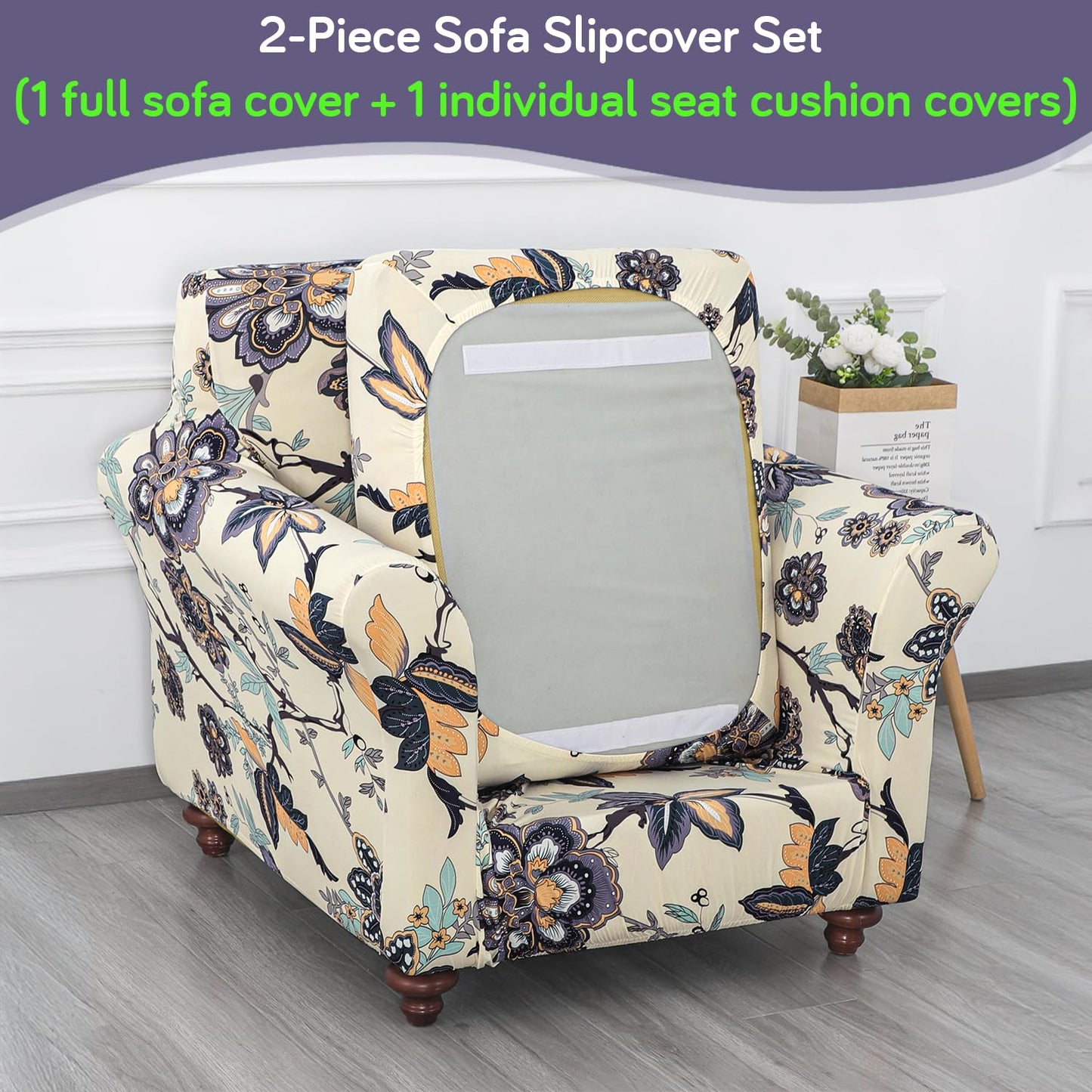 Printed Stretchable Sofa Slipcover with 1/2/3 Pc Separate Seat Cushion Cover for each 1/2/3 Seater, Cream Majestic Flora