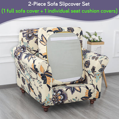 Printed Stretchable Sofa Slipcover with 1/2/3 Pc Separate Seat Cushion Cover for each 1/2/3 Seater, Cream Majestic Flora