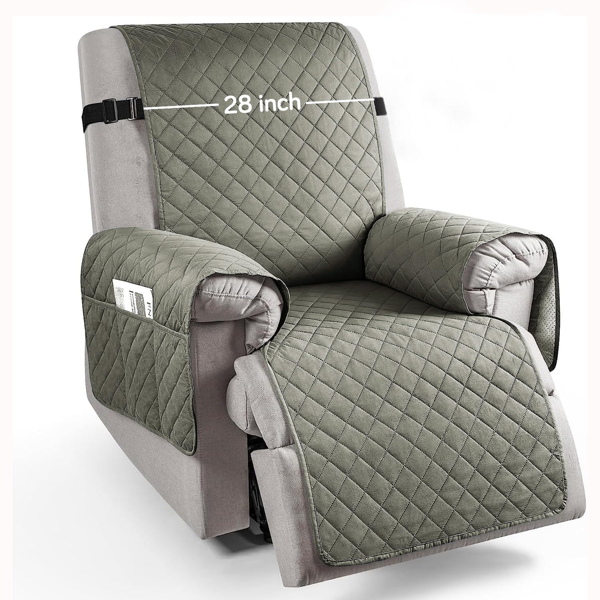 Quilted Recliner Chair Cover With Side Pockets for 1 Seater Sofa, Light Grey