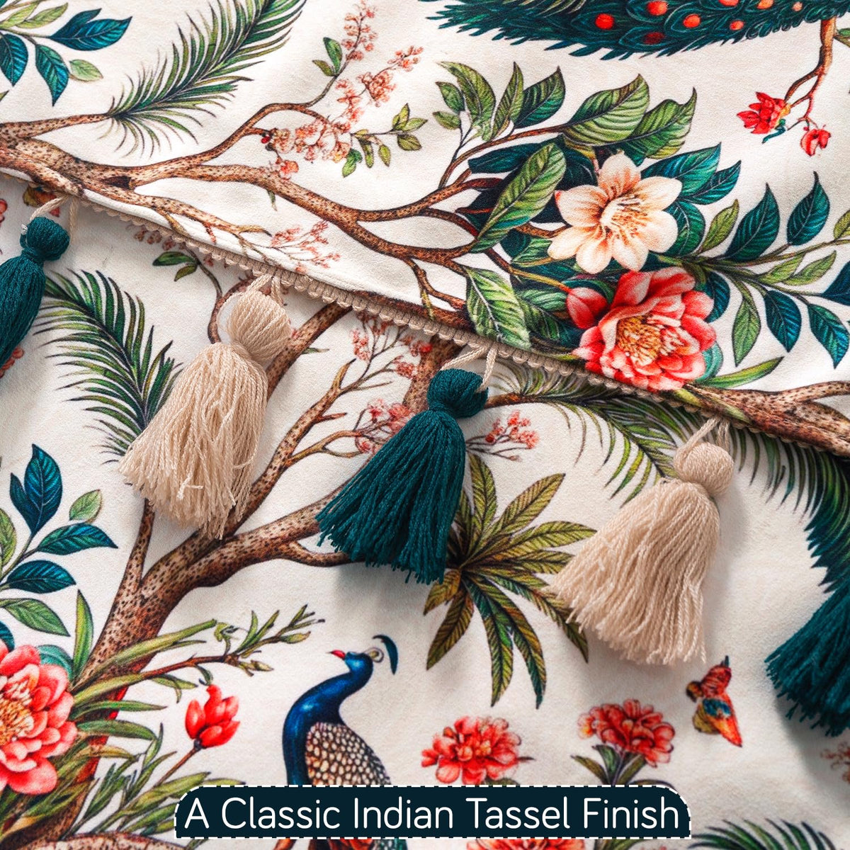 'Whispers of Nature' Series Holland Velvet Sofa Seat Mat with Tassel, Multicolor Tropical Peacock
