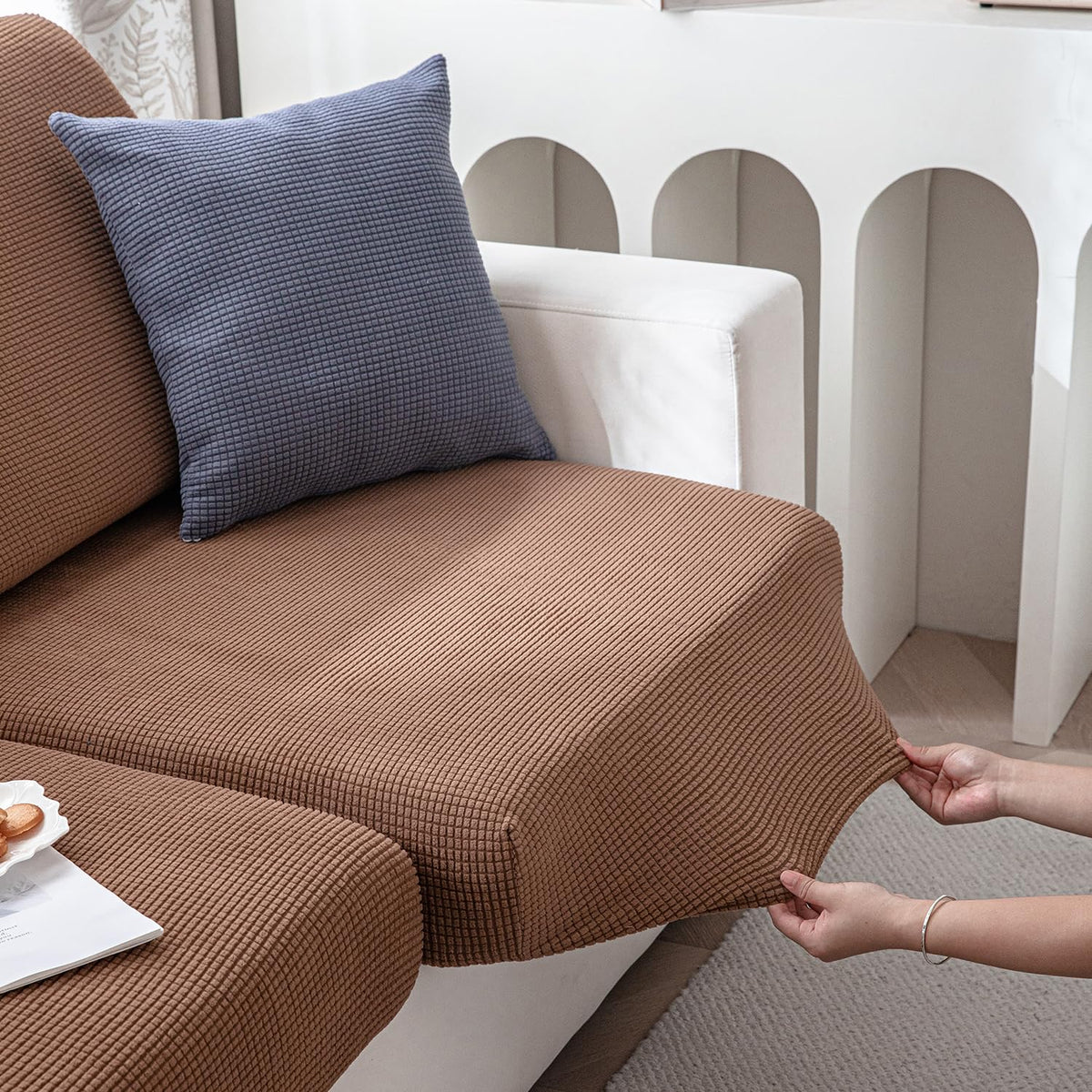 Stretchable Thick Jacquard Textured Seat Cushion Cover for 1/2/3 Seaters / Pieces for Sofa, Brown