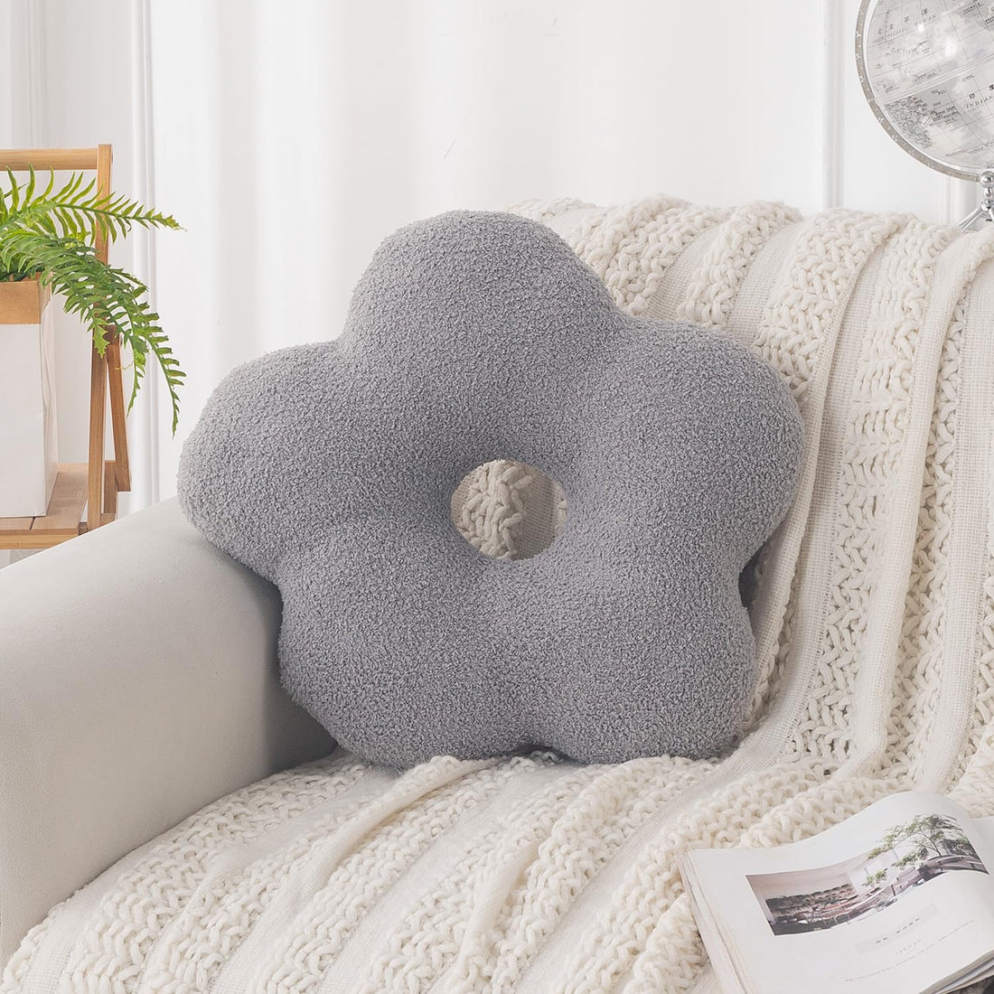HOKIPO Flower Shaped Cushion for Sofa & Bed, 49 cm, Dark Grey