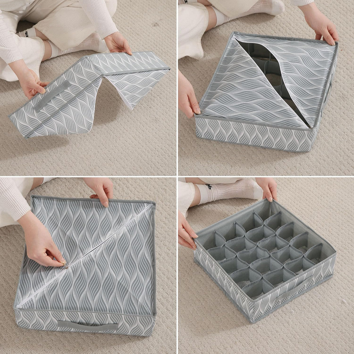 Lingerie Organizer for Women – Bra Organizer for Wardrobe & Drawers | Foldable Innerwear Organiser for Bras, Camisoles | Non-Woven Fabric, Grey leaves