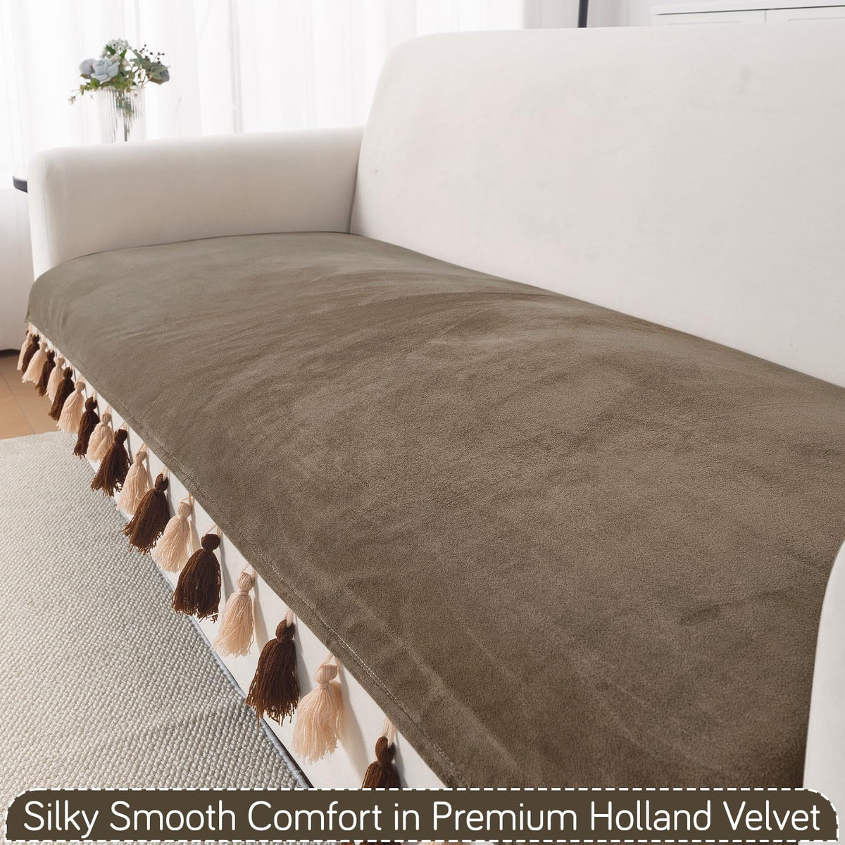 Premium Holland Velvet 5-Seater Sofa Cover (3+1+1), TasselTone Series | Coffee Brown