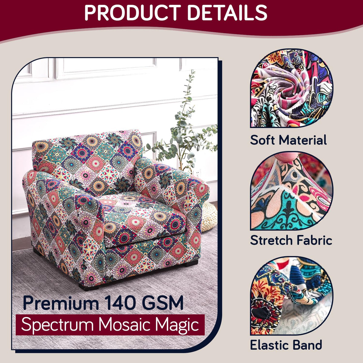 Printed Stretchable Sofa Slipcover with 1/2/3 Pc Separate Seat Cushion Cover for each 1/2/3 Seater, Spectrum Mosaic Magic
