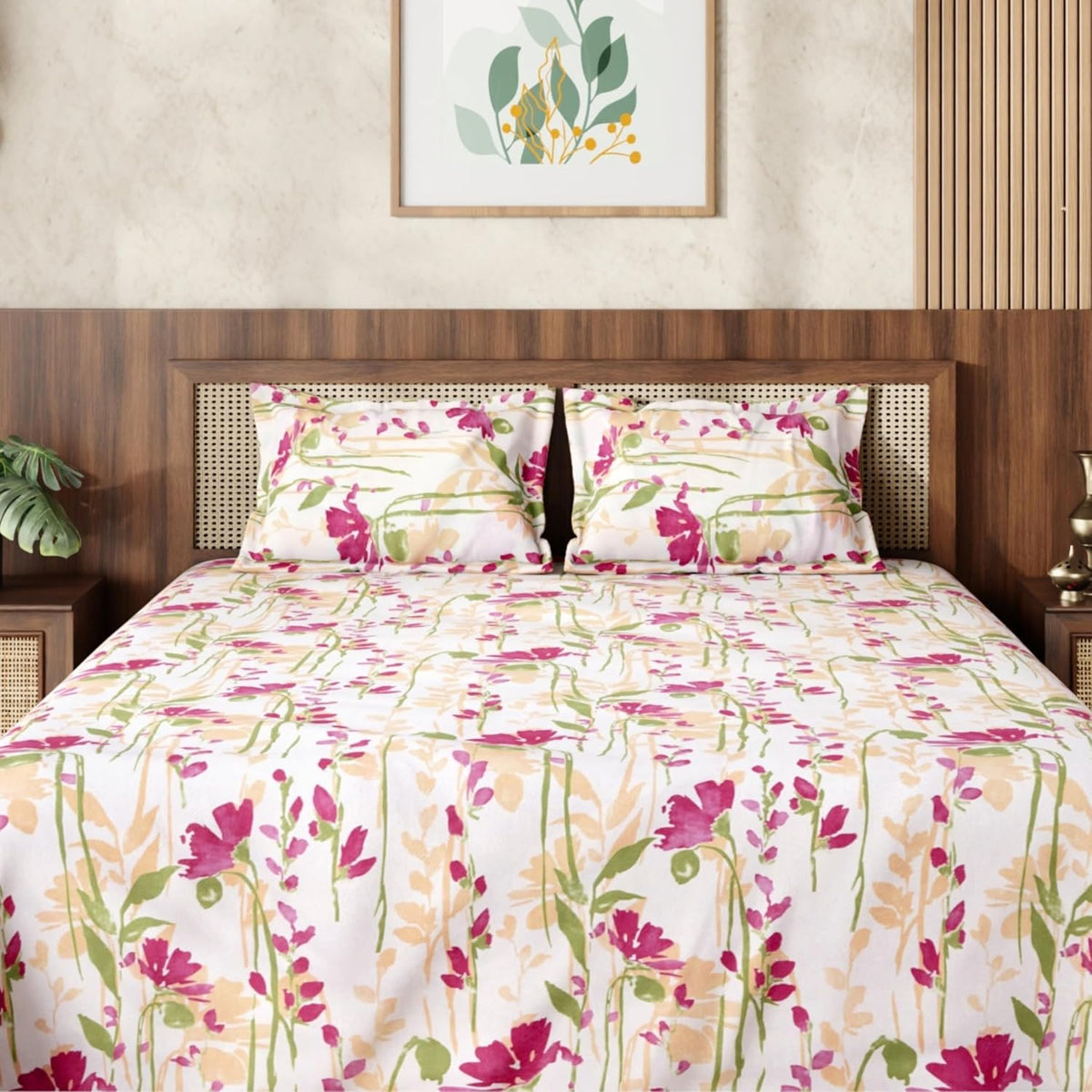 HOKIPO King Size Cotton Bedsheet, 2 Pillow Covers, Painted Garden, Fuchsia - image 9