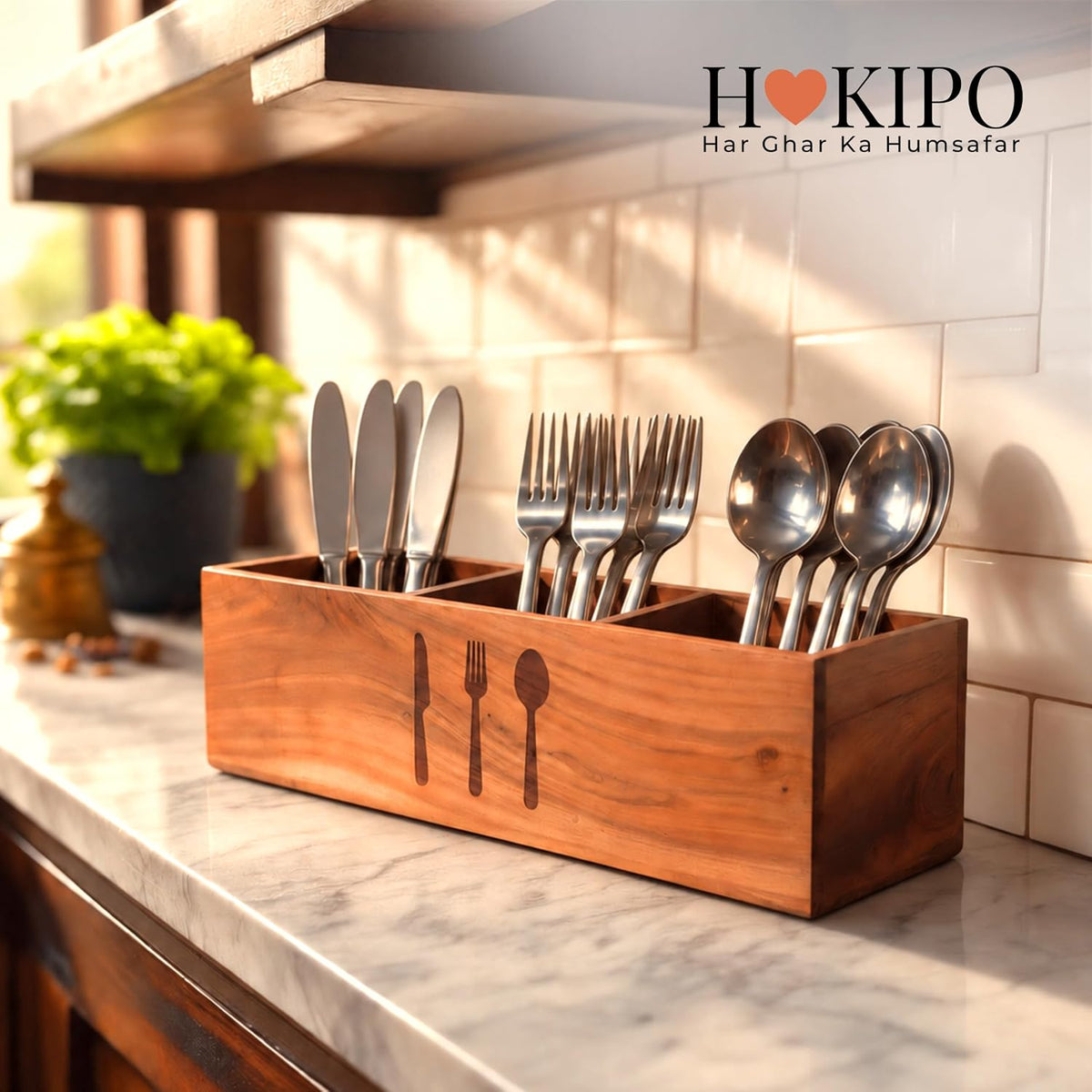 HOKIPO Arbor Acacia Wood Cutlery Holder, 3 Compartment Spoon Stand - image 8