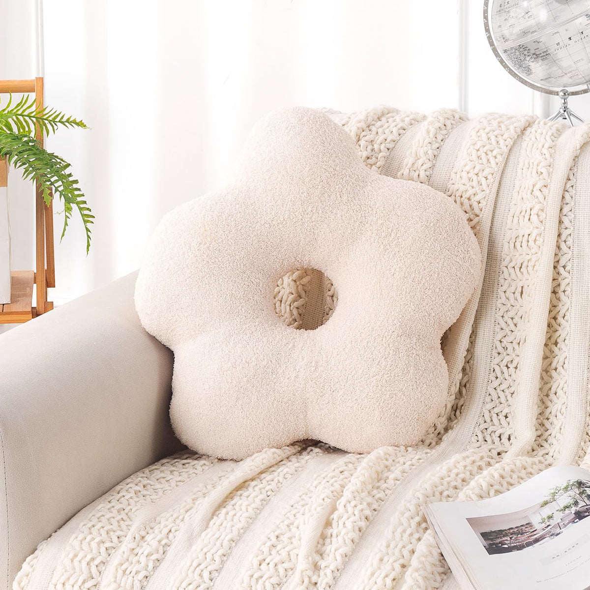 HOKIPO Flower Shaped Cushion for Sofa & Bed, 49 cm, Beige
