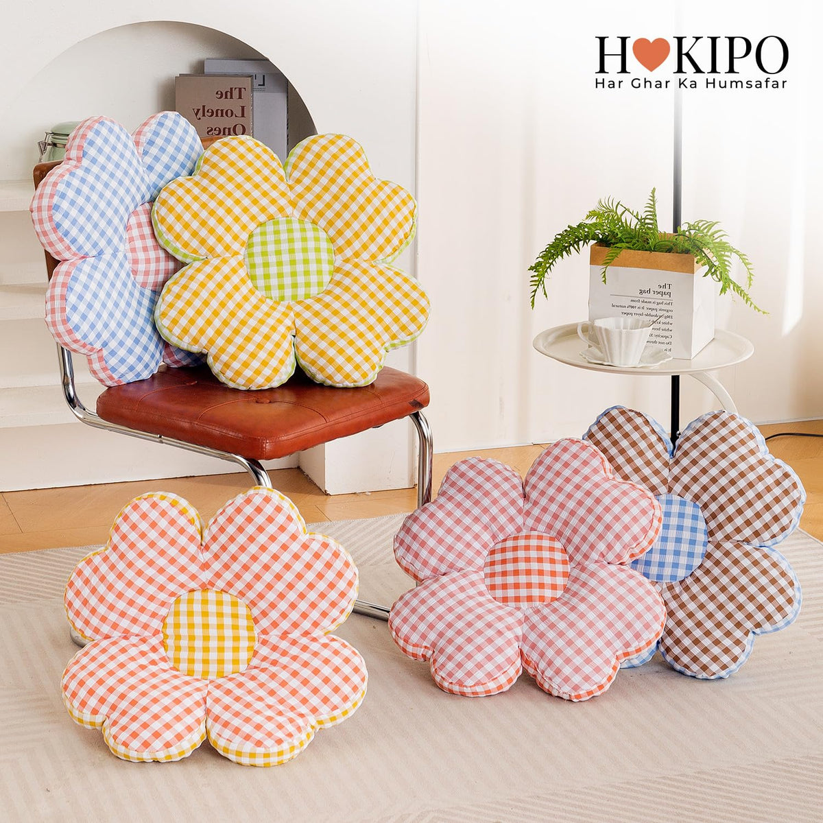 HOKIPO Checkered Daisy Flower Cushion for Sofa & Bed, 49 cm, Pink
