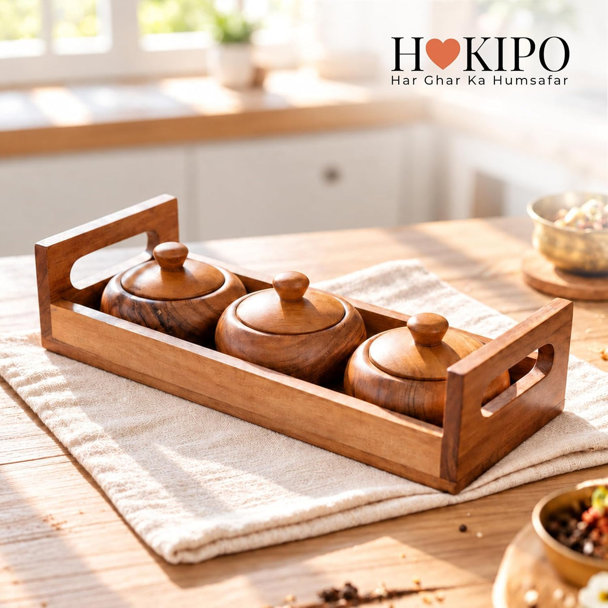 HOKIPO Arbor Acacia Wood Spice Jar Set with Tray, 3 Jars, Masala Box - image 8