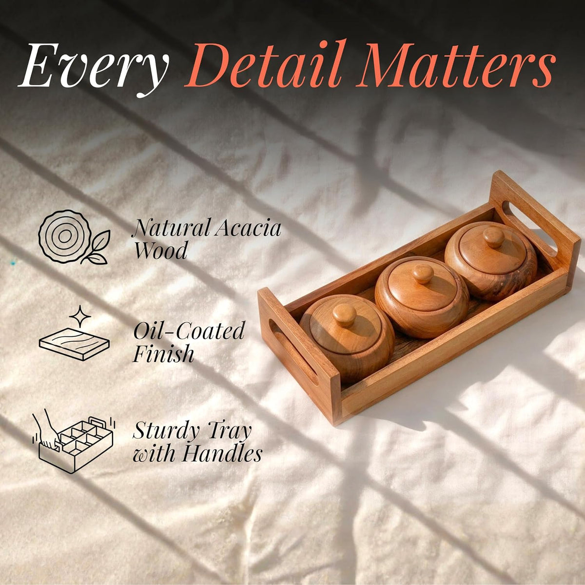 HOKIPO Arbor Acacia Wood Spice Jar Set with Tray, 3 Jars, Masala Box - image 3