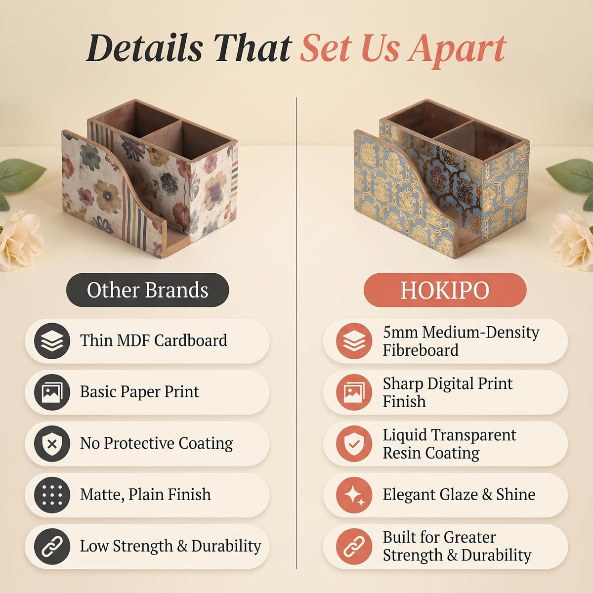 HOKIPO Cutlery Holder with Napkin Stand, Engineered Wood, Shahi Gulnaar - image 4