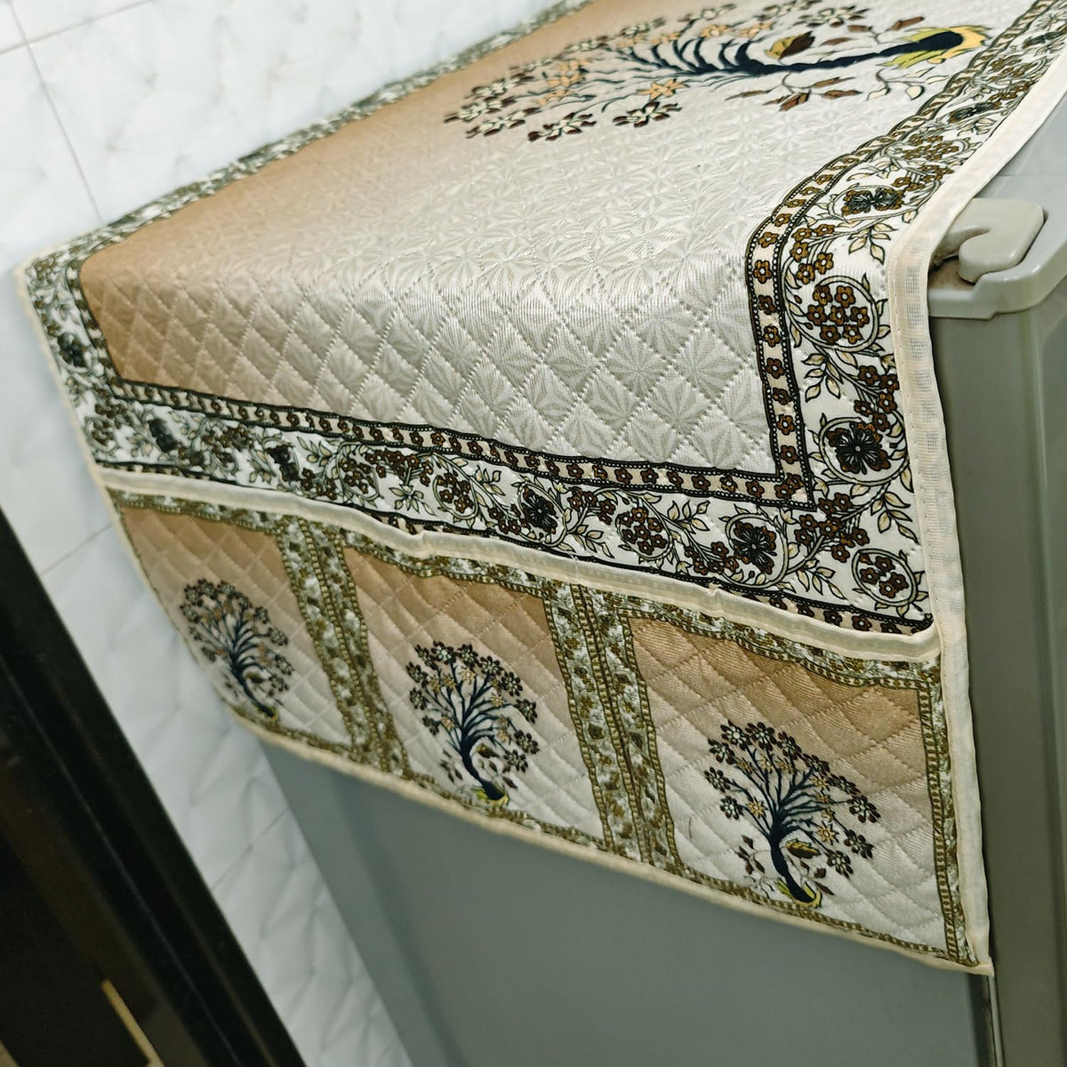 Eternal Floral Printed Quilted Fridge Top Cover with side Pockets - Ornate Tree