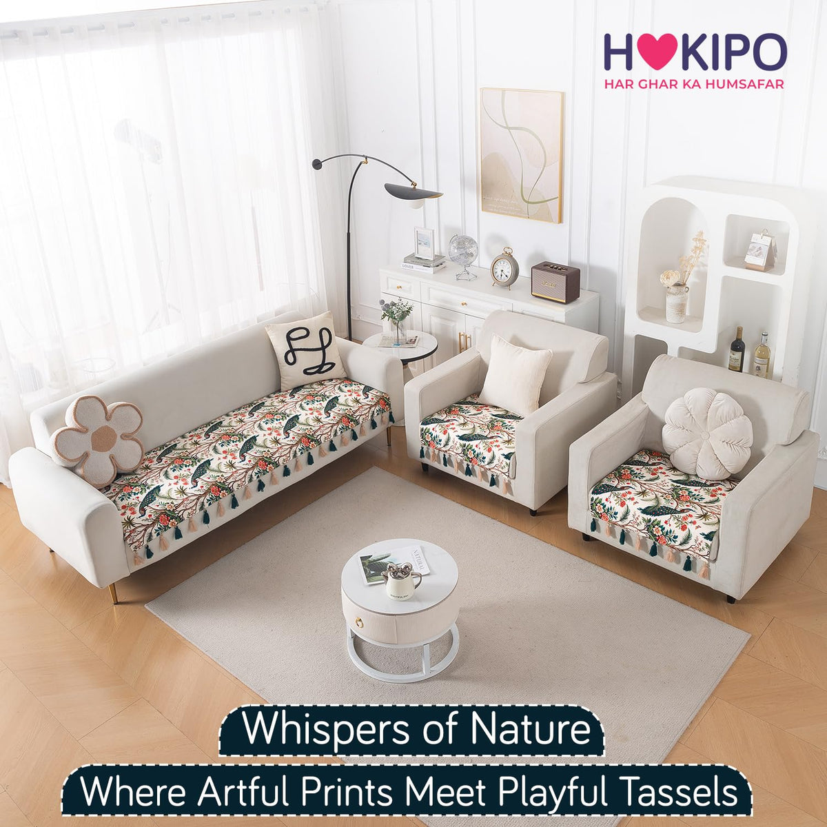 'Whispers of Nature' Series Holland Velvet Sofa Seat Mat with Tassel, Multicolor Tropical Peacock