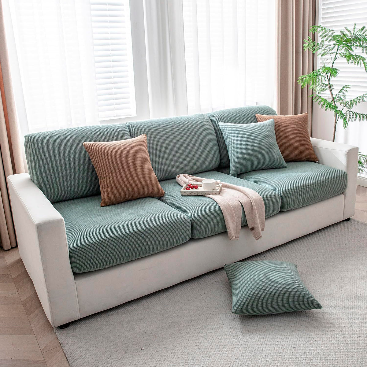 Luxurious Green Colour Grid Jacquard Sofa Pillow Cover
