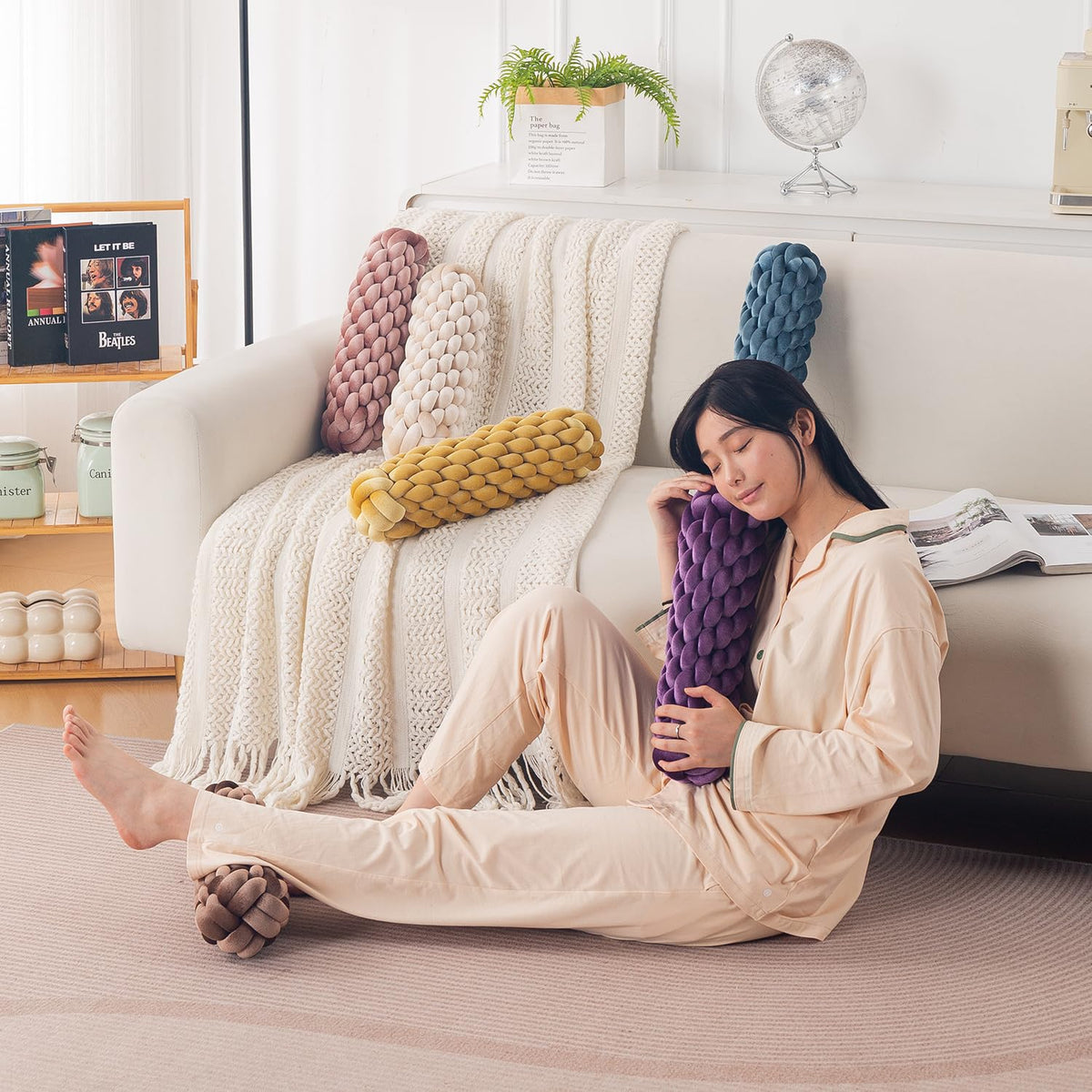 HOKIPO Braided Knot Bolster Cushion for Sofa, Chair & Bed, 45 cm, Beige