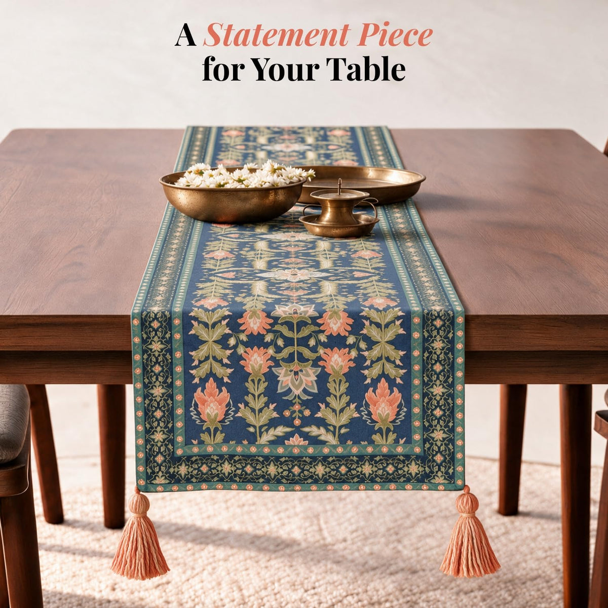 HOKIPO Floral Medallion Printed & Embroidered Table Runner, Midnight Blue - image 2