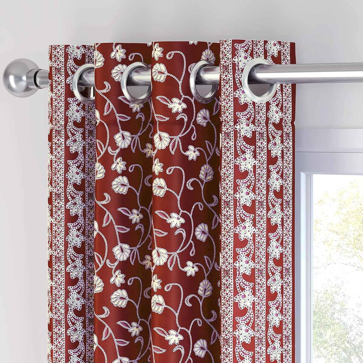 HOKIPO Shahi Bagh Eyelet Curtains, 7 Feet Long - Maroon - image 7