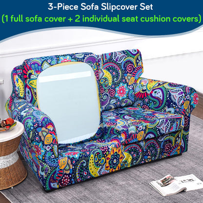 Printed Stretchable Sofa Slipcover with 1/2/3 Pc Separate Seat Cushion Cover for each 1/2/3 Seater, Saphire Boho Carnival