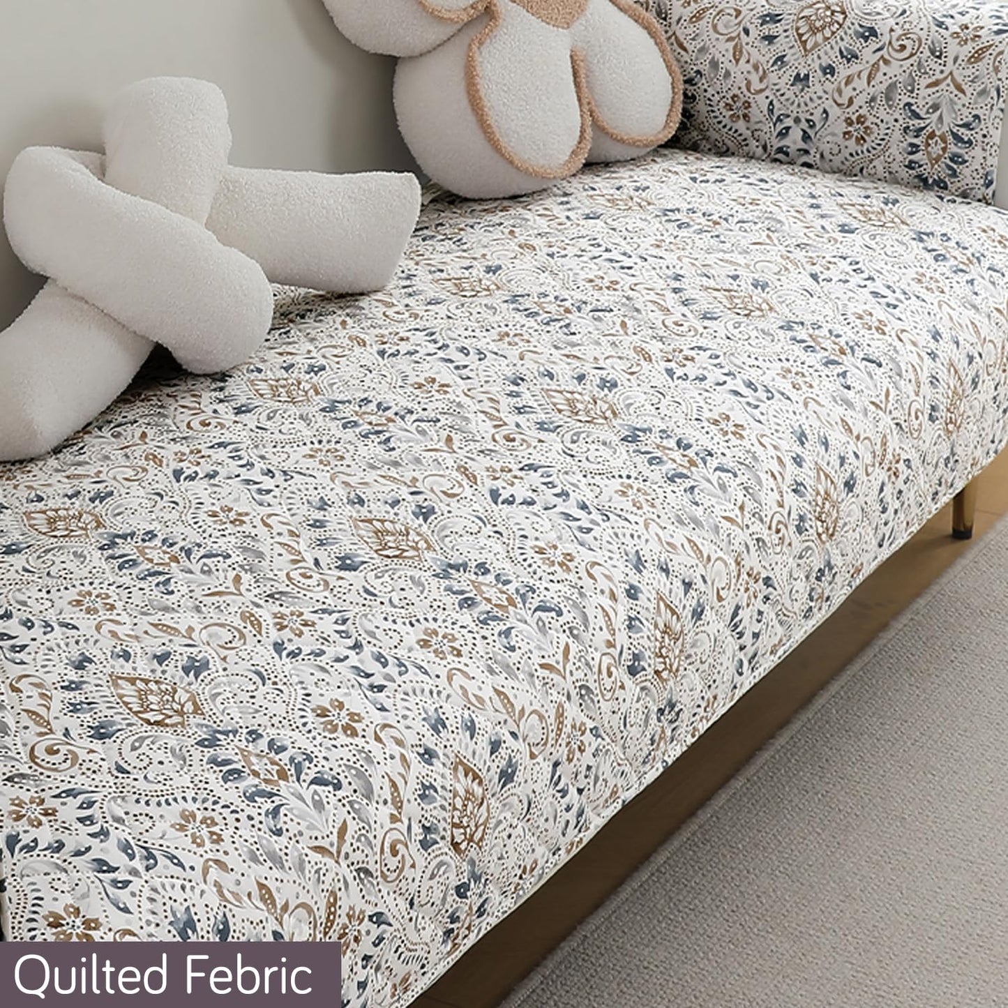 HOKIPO Quilted Waterproof Sofa Seat Mat with 2 Armrest Covers with Pockets, Damask White