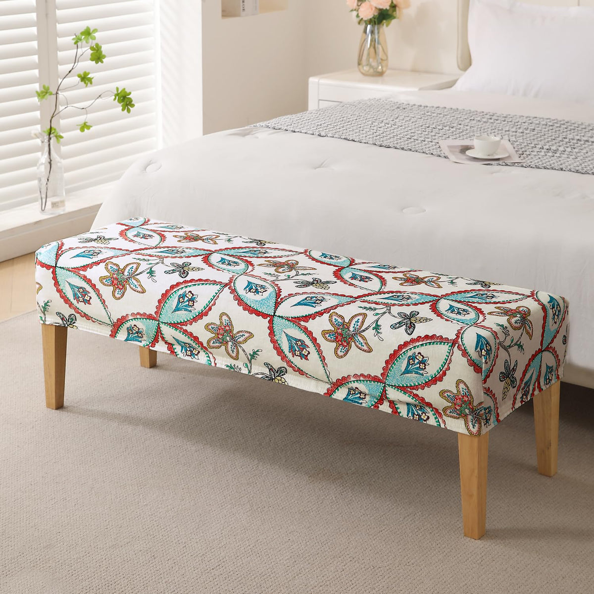 Premium Printed Velvet Stretchable Dining Bench Slipcover, Beige Persian Garden