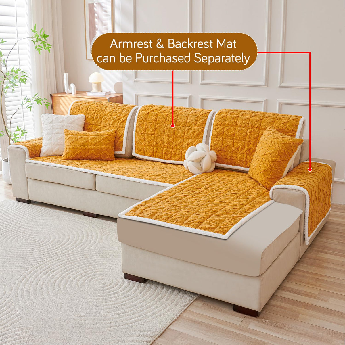 Italian Caelora Luxury Jacquard Plush L Shape Sofa Cover Seat Mat - Honey Yellow