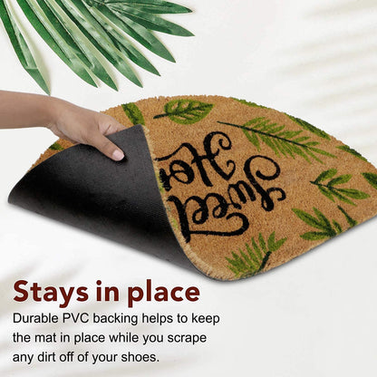 Natural Coconut Coir Mat for Entrance with PVC Backing, Sweet Home (Large 45x75 cm, Green)