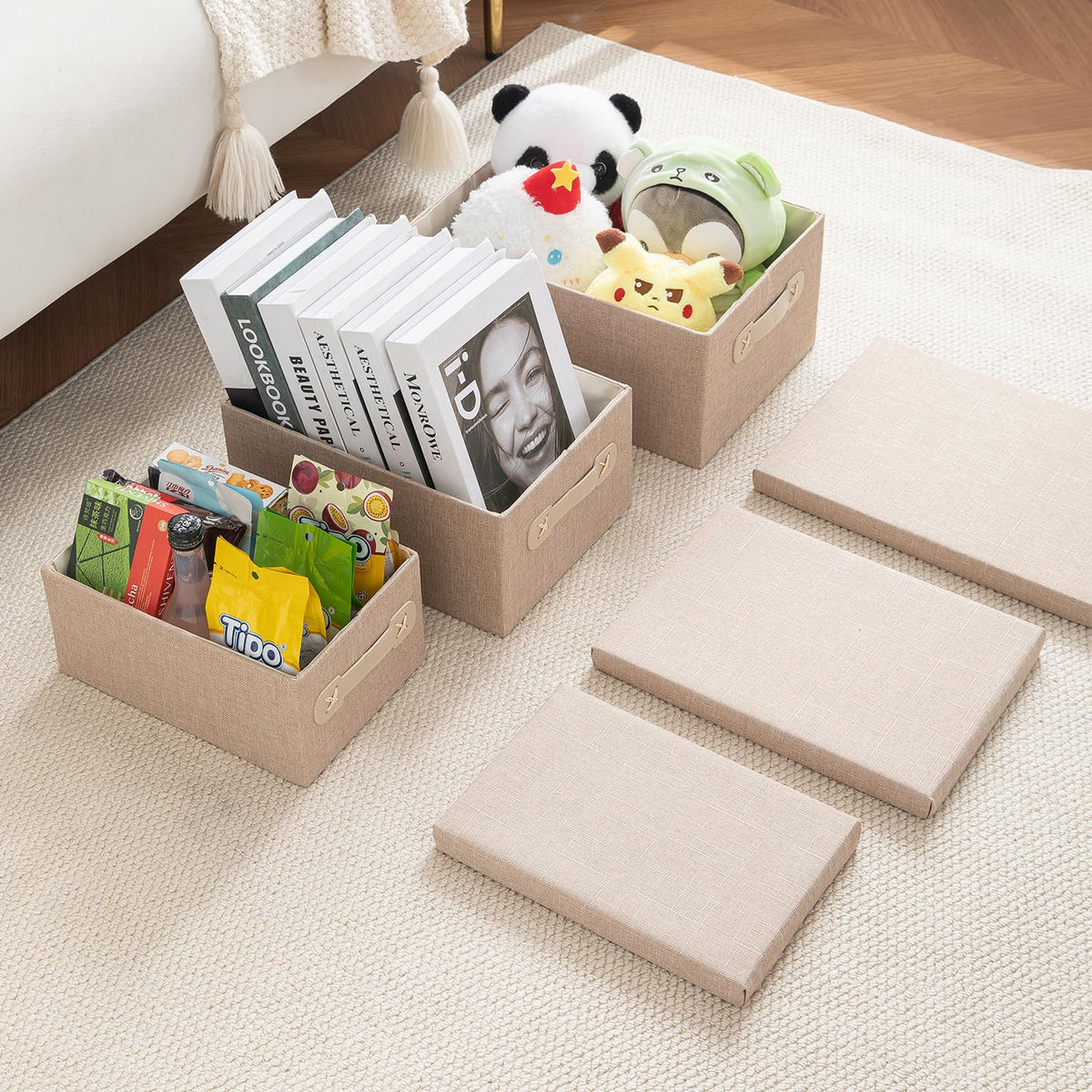 Organisers Storage Box with Lid, Beige, Pack of 2