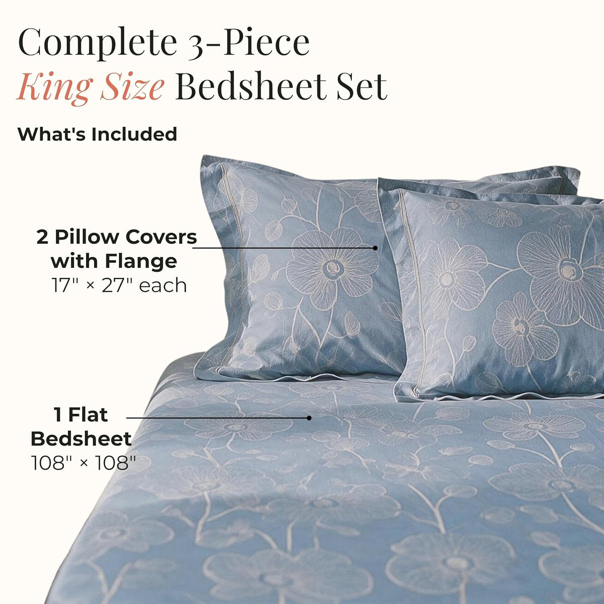 HOKIPO Line Art 180 TC Cotton Percale Flat Bedsheet, King Size, Powder Blue - image 5