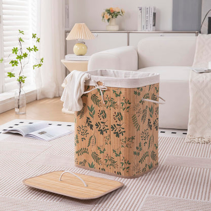 Eco-Friendly Foldable Bamboo Laundry Basket Hamper with Lid, Large - 60 Liter, Fern Leaves