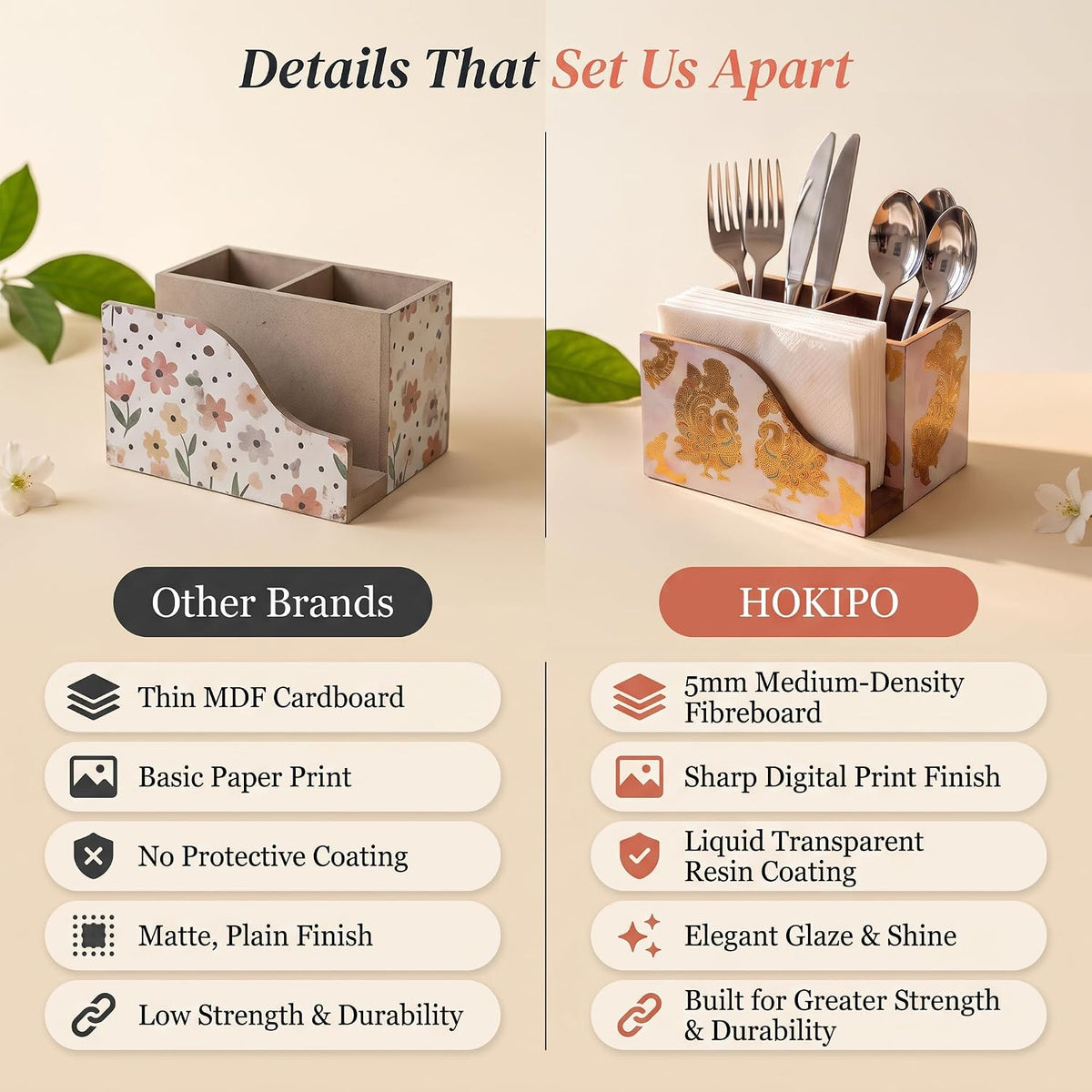 HOKIPO Cutlery Holder with Napkin Stand, Engineered Wood, Mayur Mahal - image 4