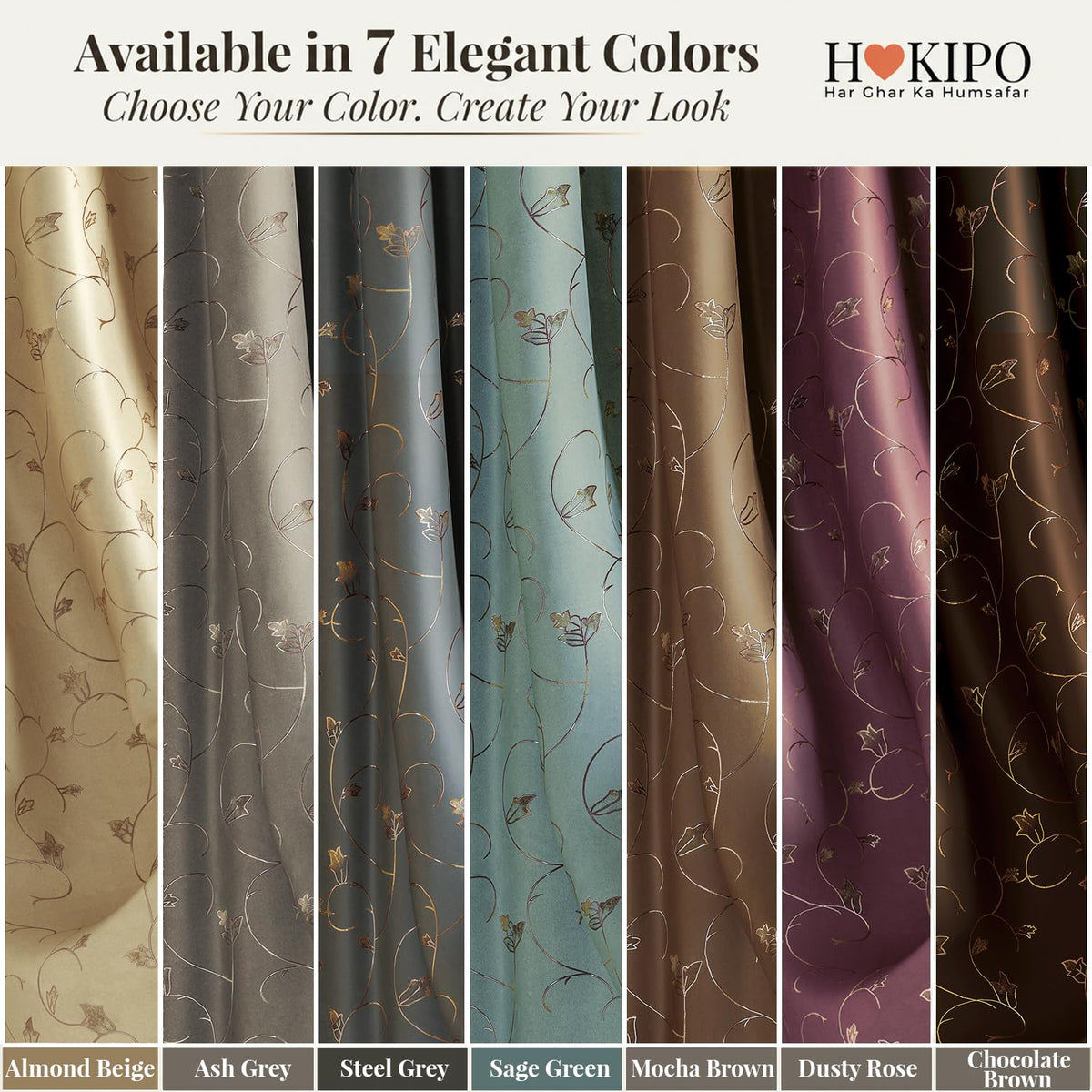 HOKIPO Golden Vine Eyelet Curtains, 7 Feet Long - Almond Beige - image 8